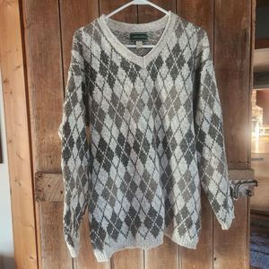 Vintage Argyle Sweater Womens M Oversized Neutral Preppy Academia 90s Knit